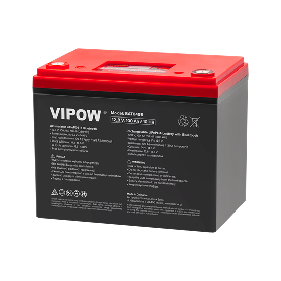 Изображение Litija akumulators ar digitālo ekrānu un Bluetooth : 12.8V 100Ah (1280Wh)  : LiFePO4 : Vipow