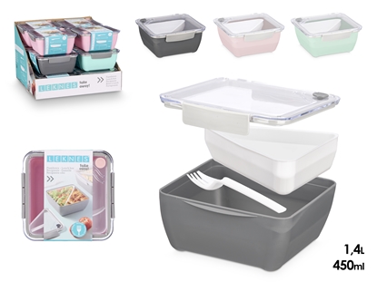 Picture of Lunch box with compartment, 3 colours, 450 ml + 1.4 L, 8.8×19.2×18.7 cm, 10479, Leknes