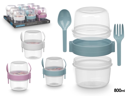 Picture of Plastic container with cutlery, 800 ml, 3 colours, 13.8×12.5×10.2 cm, 94909, Leknes