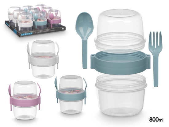 Изображение Plastic container with cutlery, 800 ml, 3 colours, 13.8×12.5×10.2 cm, 94909, Leknes