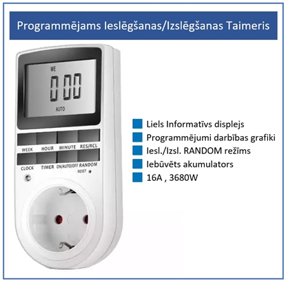 Изображение Programmējams Ieslēgšanas / Izslēgšanas Taimeris Kontaktligzdai / 16A / Liels informatīvs displejs