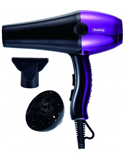 Изображение Rosberg 5R51100SDP hair dryer with diffuser, 2000W, 3 temperature settings, 2 speeds, Black/Purple