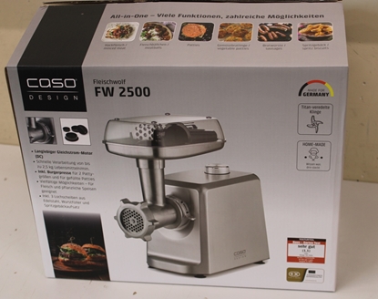 Picture of SALE OUT. Caso Meat Mincer | FW 2500 | Stainless Steel | 2500 W | Number of speeds 2 | Throughput (kg/min) 2.5 | 3 stainless steel cutting plates (3 mm, 5 mm and 8 mm), Sausage filler, Cookie attachment with 4 moulds, Stuffer | DEMO