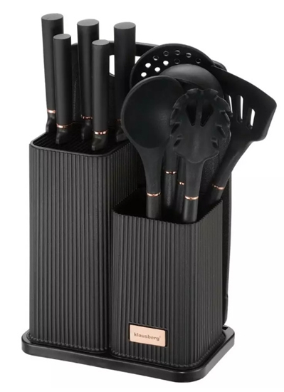 Изображение Set of kitchen utensils, knives, tools and cutting board, black, Klausberg KB 7835