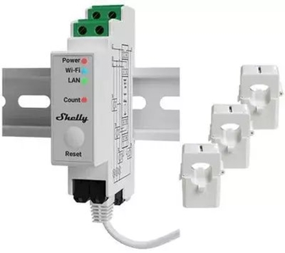 Изображение Shelly Szyna montaowa Pro 3EM 120A v2 Licznik energii w tym 3x 120A zcza Funkcja pomiaru WLAN LAN BT