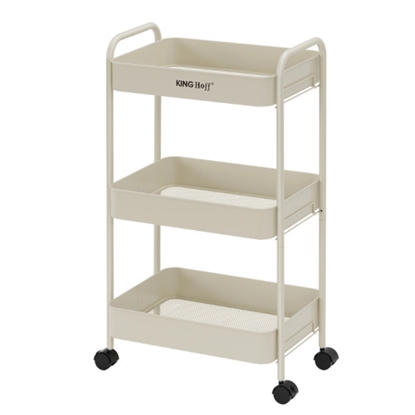 Picture of Three-level mobile shelf, beige, steel trolley with 360° wheels, KINGHoff, KH 1943