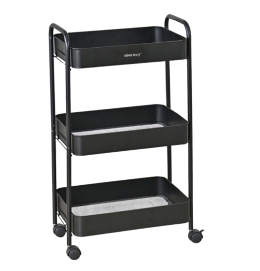 Изображение Three-tier mobile shelving unit, black, steel trolley with 360° wheels, KINGHoff, KH 1941