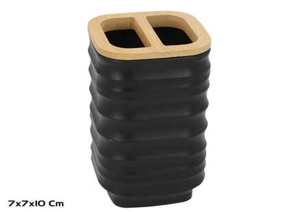 Изображение Toothbrush Holder, Black with Bamboo, 7.00 x 7.00 x 10.00, BATH&GO