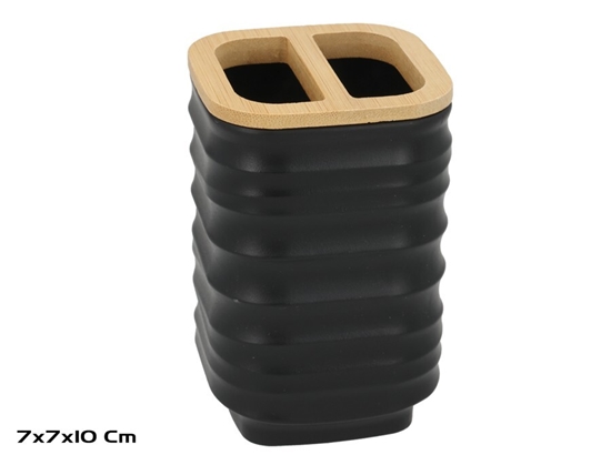 Изображение Toothbrush Holder, Black with Bamboo, 7.00 x 7.00 x 10.00, BATH&GO