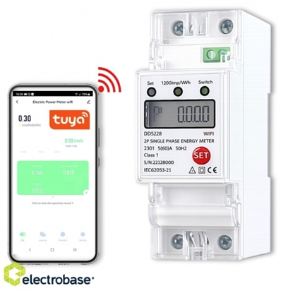 Изображение Viedais WiFi vienfāzes elektrības skaitītājs un TUYA wifi communication (60A, DIN)