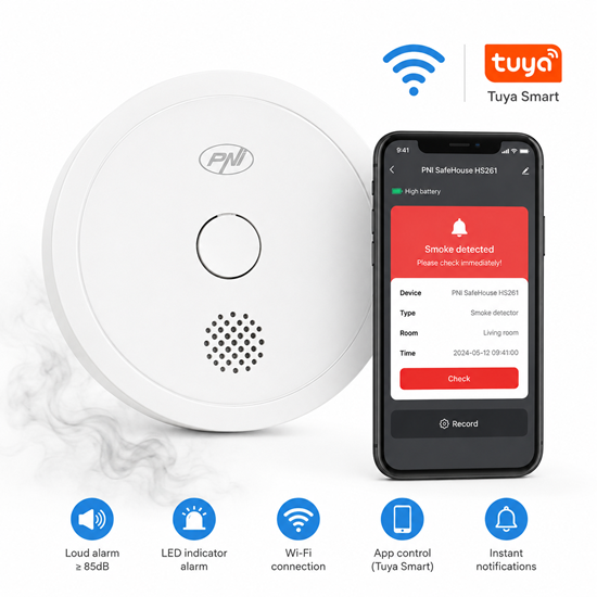 Picture of Wi-Fi dūmu sensors SafeHouse , Tuya vadība, 3V, 85 dB trauksme | PNI HS261