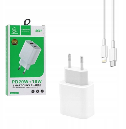 Изображение adowarka ADOWARKA SIECIOWA 3A 20W BIAA DENMEN 3600mA DC21 USB+TYP-C PD+C3.0 + KABEL USB TYP-C DO LIGHTNING 2A BIAY USB 3.0 PD USB-C