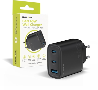 Изображение adowarka PNY Mobile Origin GaN 40W Wall Charger MO13, black 1 USB-A + 2 USB-C