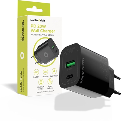 Изображение adowarka PNY Mobile Origin PD20W Wall Charger MO12, black 1 USB-A + 1 USB-C