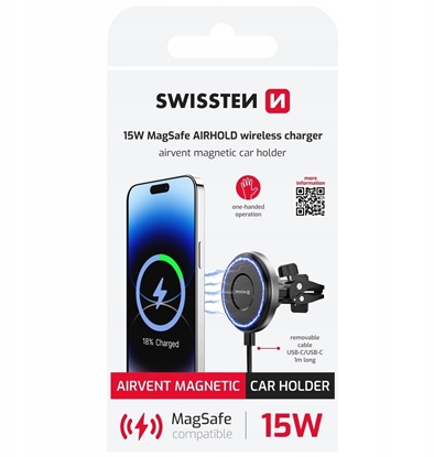 Attēls no Swissten Airhold Magnetic Car Holder w/ Wireless Charger 15W / 7.5W (MagSafe compat.) (Boj. iepak.)