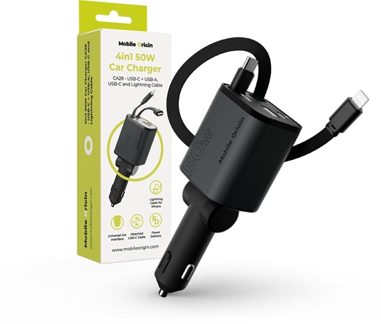 Picture of adowarka Mobile Origin 4in1 50W Car Charger CA28 - USB-C + USB-A, USB-C and Lightning Cable (MO-CCH-CA28)