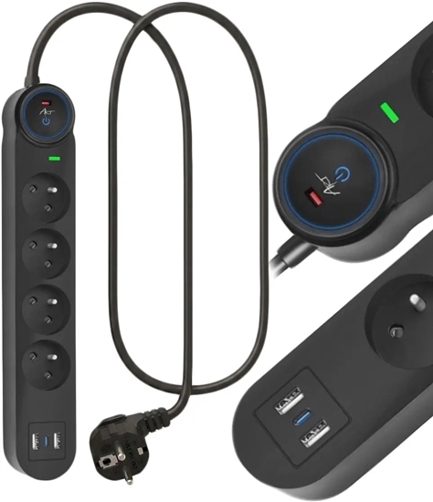 Picture of Listwa zasilajca Art Listwa przeciwprzepiciowa 1.5m SPD3 4 gniazda 10A 2x USB-A USB-C 2,6A czarna