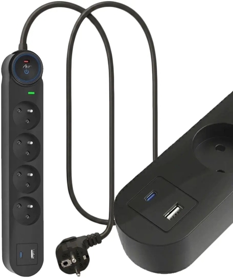 Picture of Listwa zasilajca Art Listwa przeciwprzepiciowa 1.5m SPD3 4 gniazda 16A USB-A USB-C 3,4A czarna