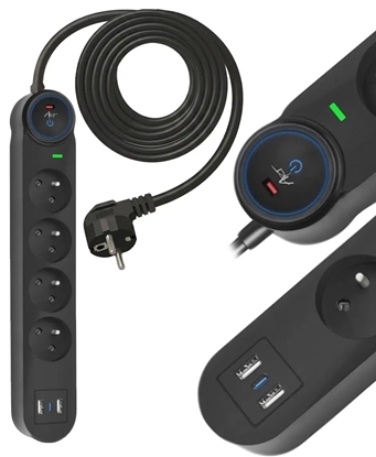 Attēls no Listwa zasilajca Art Listwa przeciwprzepiciowa 3m SPD3 4 gniazda 10A 2x USB-A USB-C 2,6A czarna