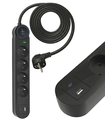 Attēls no Listwa zasilajca Art Listwa przeciwprzepiciowa 3m SPD3 4 gniazda 16A USB-A USB-C 3,4A czarna