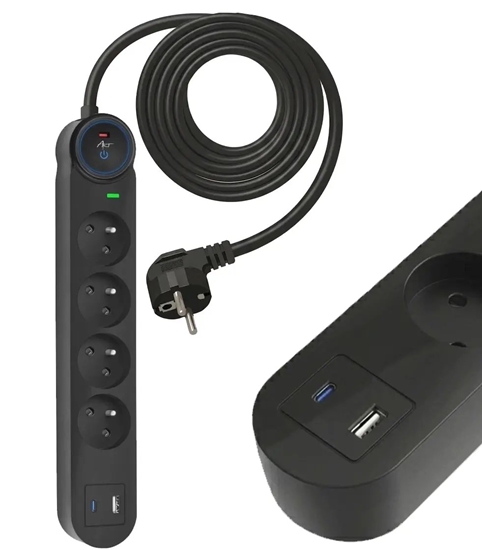 Picture of Listwa zasilajca Art Listwa przeciwprzepiciowa 3m SPD3 4 gniazda 16A USB-A USB-C 3,4A czarna