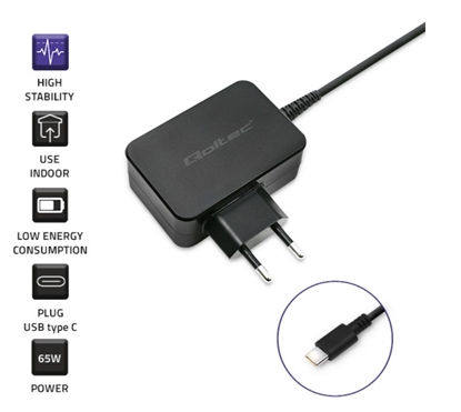 Picture of Qoltec Charger | 65W | 5-20V | 3-3.25A | USB type C | PD | Laptop | Smartphone | Black