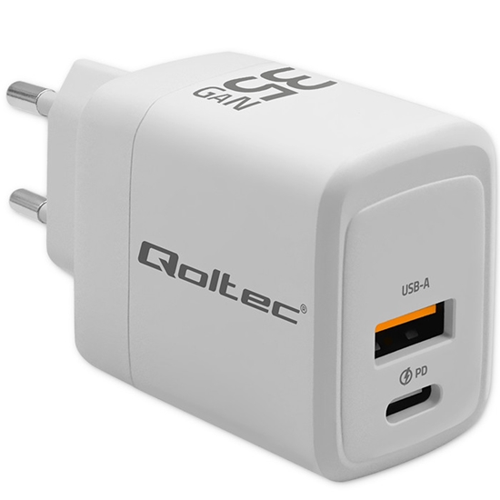 Picture of Qoltec GaN 35W charger| 5-20V | 1.5-3A | 1 x USB-C PD | 1x USB QC 3.0 | White
