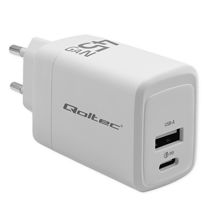 Picture of Qoltec GaN 45W lādētājs | 5-20V | 1.5-3A | 1 x USB-C PD | 1x USB QC 3.0 | White
