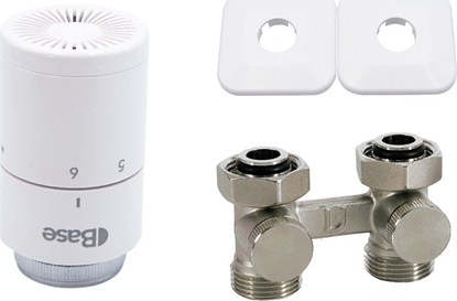 Изображение Vario Term Zestaw instalacyjny BASE Typu V dwururowy wersja prosta GZ 3/4 / GW 3/4, gowica termostatyczna BASE (gwint M30x1,5), bez nypli redukcyjnych, rozstaw podczenia 50 mm