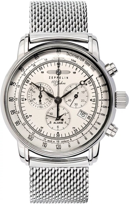 Изображение Zeppelin 100 Jahre Quartz Chronograph Men’s Watch 42mm Silver Dial Stainless Steel Mesh Bracelet