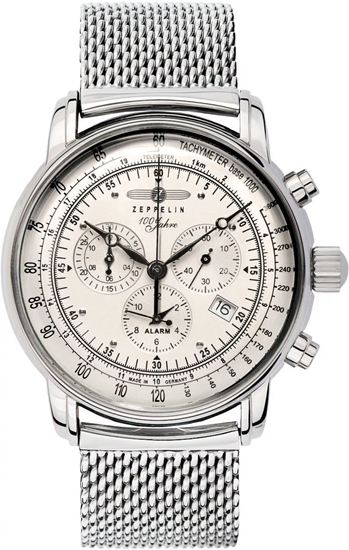 Изображение Zeppelin 100 Jahre Quartz Chronograph Men’s Watch 42mm Silver Dial Stainless Steel Mesh Bracelet