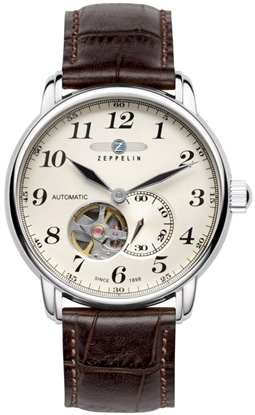 Изображение Zeppelin LZ 127 Graf Zeppelin Open Heart Men’s Watch 40mm Silver Dial Dark Brown Leather Strap