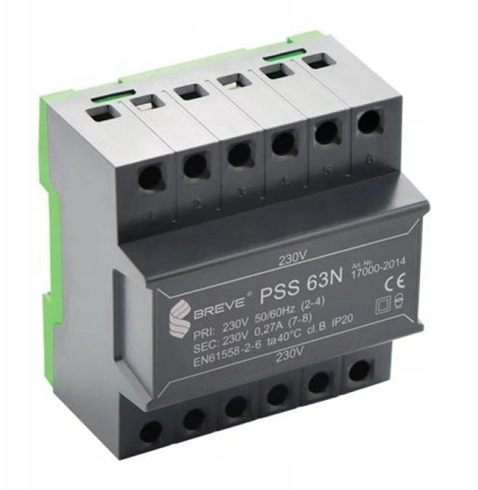Picture of BREVE Transformator 1-fazowy moduowy separacyjny PSS 63N 230/230V , na szyn DIN, IP20, Ta 40, 17000-2014