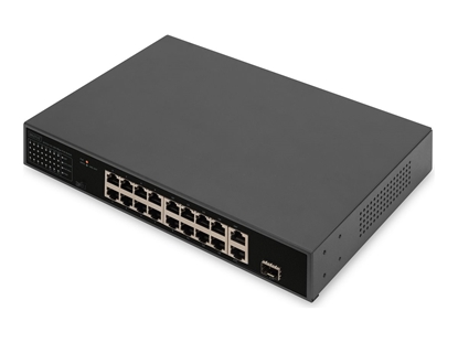 Изображение Digitus 16-Port Fast Ethernet PoE Networkswitch, 19 Zoll, unmanaged, 2+1 Uplink Ports, RJ45 + SFP, 185 W, af/at