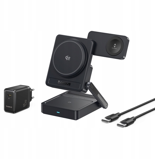 Изображение adowarka Baseus adowarka bezprzewodowa Baseus PicoGo AF21 3w1 Qi2.2 35W z zasilaczem EU 45W i kablem USB-C 1m - czarna
