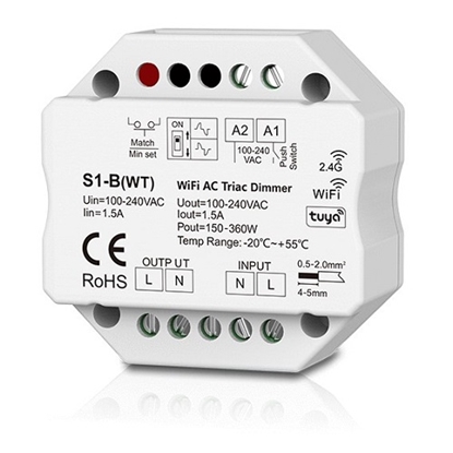 Изображение SKYDANCE S1-B(WT) vieno kanalo 230V valdiklis, TRIAC, Push-Dimm, Tuya, Wi-Fi